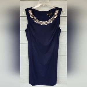 Connected Apparel Navy Blue Dress with Pearls, Size 8